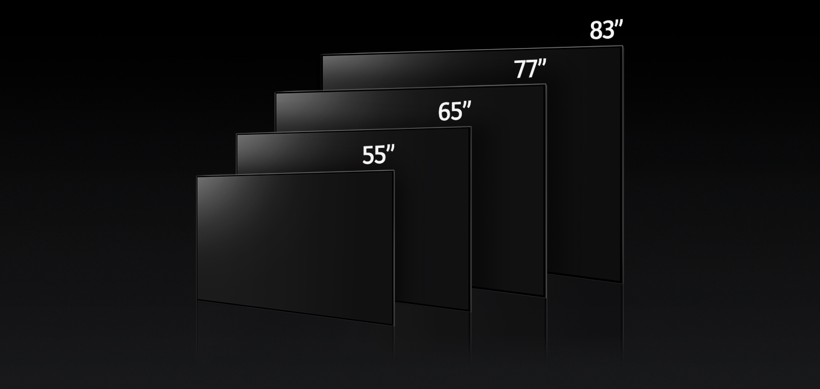 Изображение со сравнением разных размеров LG OLED G3: 55 дюймов, 65 дюймов, 77 дюймов и 83 дюйма.