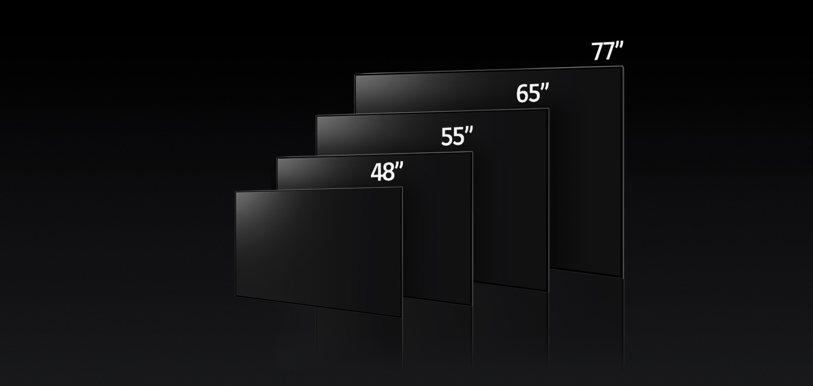 Изображение со сравнением разных размеров LG OLED C3: 48", 55", 65" и 77".