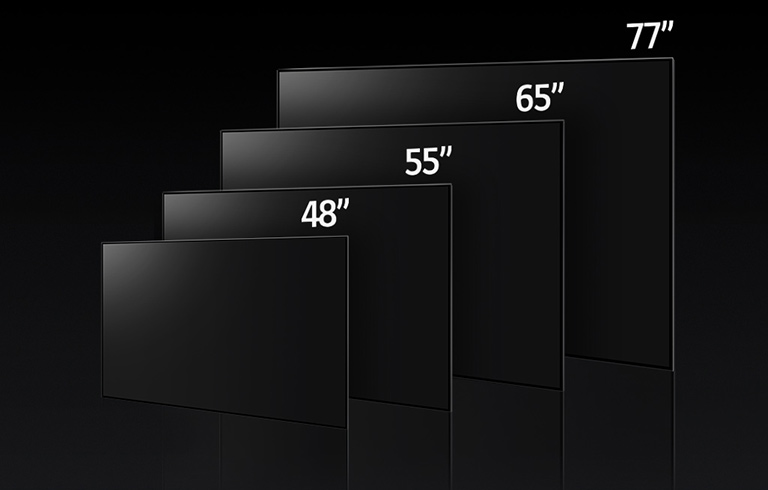 Изображение со сравнением разных размеров LG OLED C3: 48", 55", 65" и 77".