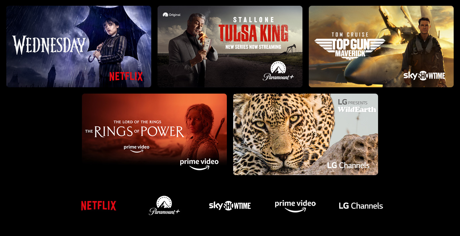 Постеры фильма «Уэнсдэй» от Netflix, фильма «Король Талсы» от Paramount+, фильма «Топ Ган: Мэверик» от SkyShowtime и сериала «Властелин колец: Кольца власти» от Prime Video и кадр с леопардом в дикой природе от LG Channels.