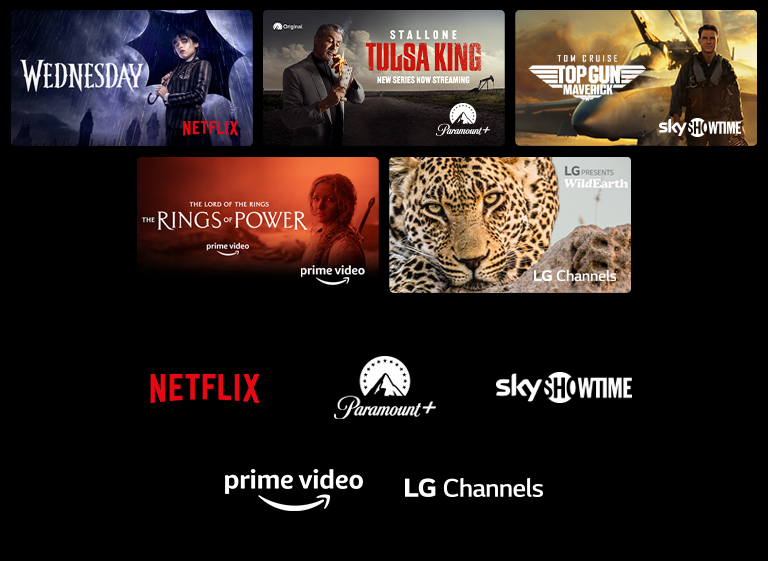 Постеры фильма «Уэнсдэй» от Netflix, фильма «Король Талсы» от Paramount+, фильма «Топ Ган: Мэверик» от SkyShowtime и сериала «Властелин колец: Кольца власти» от Prime Video и кадр с леопардом в дикой природе от LG Channels.