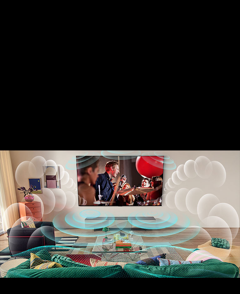 Изображение OLED-телевизора LG в комнате, где идет музыкальный концерт. Пузыри, изображающие виртуальный объемный звук, заполняют пространство.