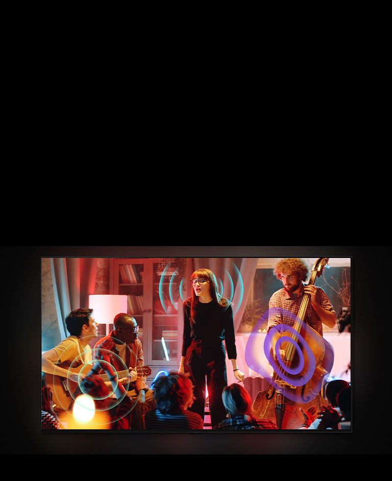 Видео человека, играющего на скрипке, с желтым пузырем и волной, изображающими звук. Сцена меняется на певца и группу, дающих интимный концерт в гостиной. Синие звуковые волны окружают певца, бирюзовые звуковые волны исходят от гитары, а фиолетовые звуковые волны исходят от виолончели.