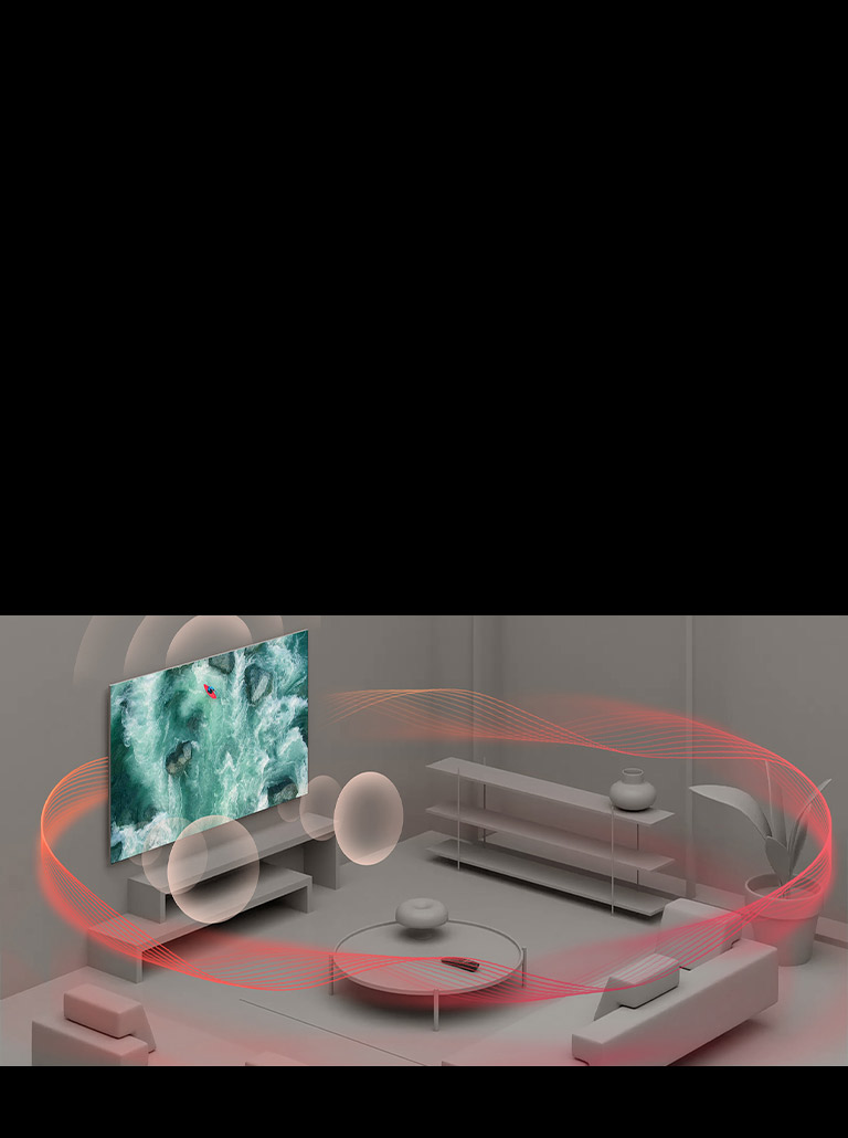 Видео начинается с воздушной съемки пульта дистанционного управления. Над датчиком появляется синий круг. Сцена разворачивается, чтобы показать пульт дистанционного управления на журнальном столике в серой комнате. От телевизора исходят синие звуковые волны, и на экране появляется изображение человека, плывущего на каяке по бурным волнам. Синие звуковые волны достигают пульта дистанционного управления, а волны, изображающие звук, отскакивают от стены, и затем звуковое одеяло накрывает комнату. 