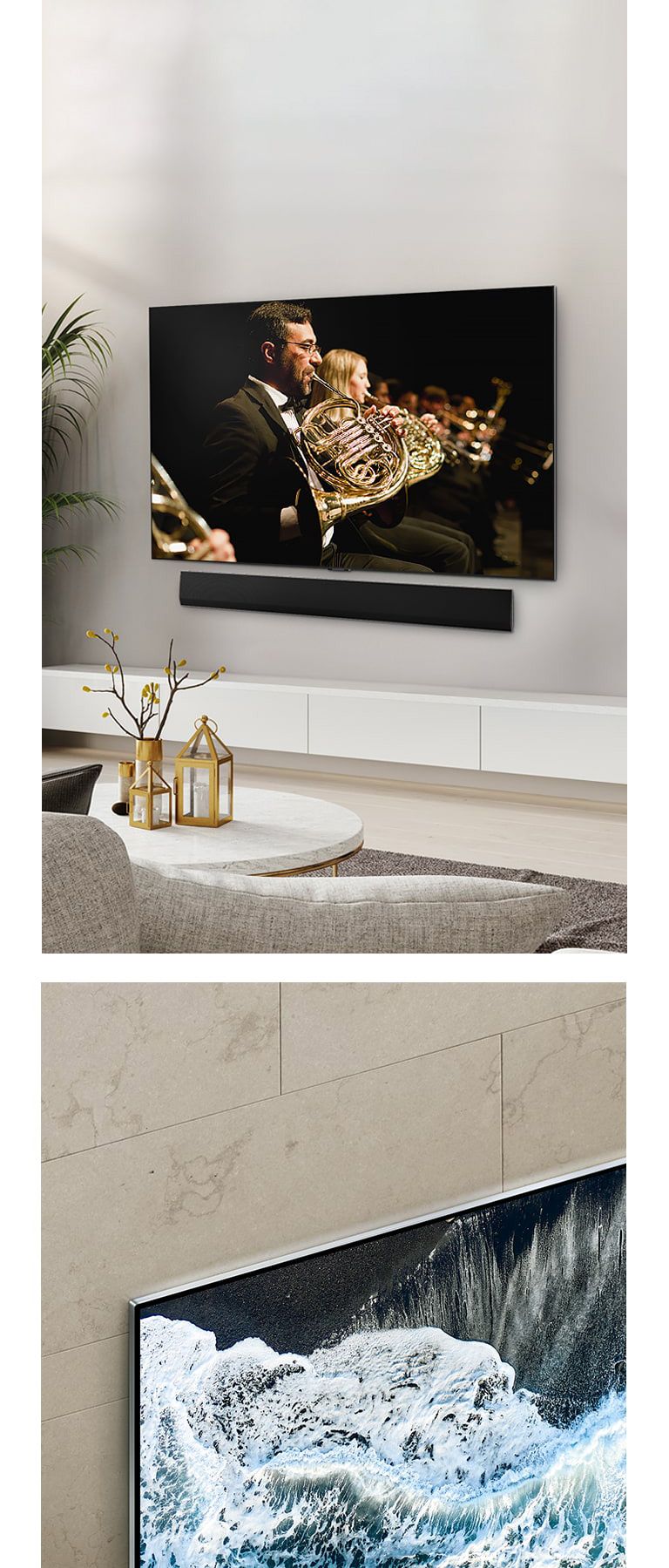 LG OLED televizori, OLED G4, marmar devorga burchak ostida joylashgan bo'lib, devorga qanday uyg'unlashishi ko'rsatilgan.  LG OLED televizori, OLED G4 va LG Saundbar toza yashash joyidida, ekranda orkestr ijrosi.
