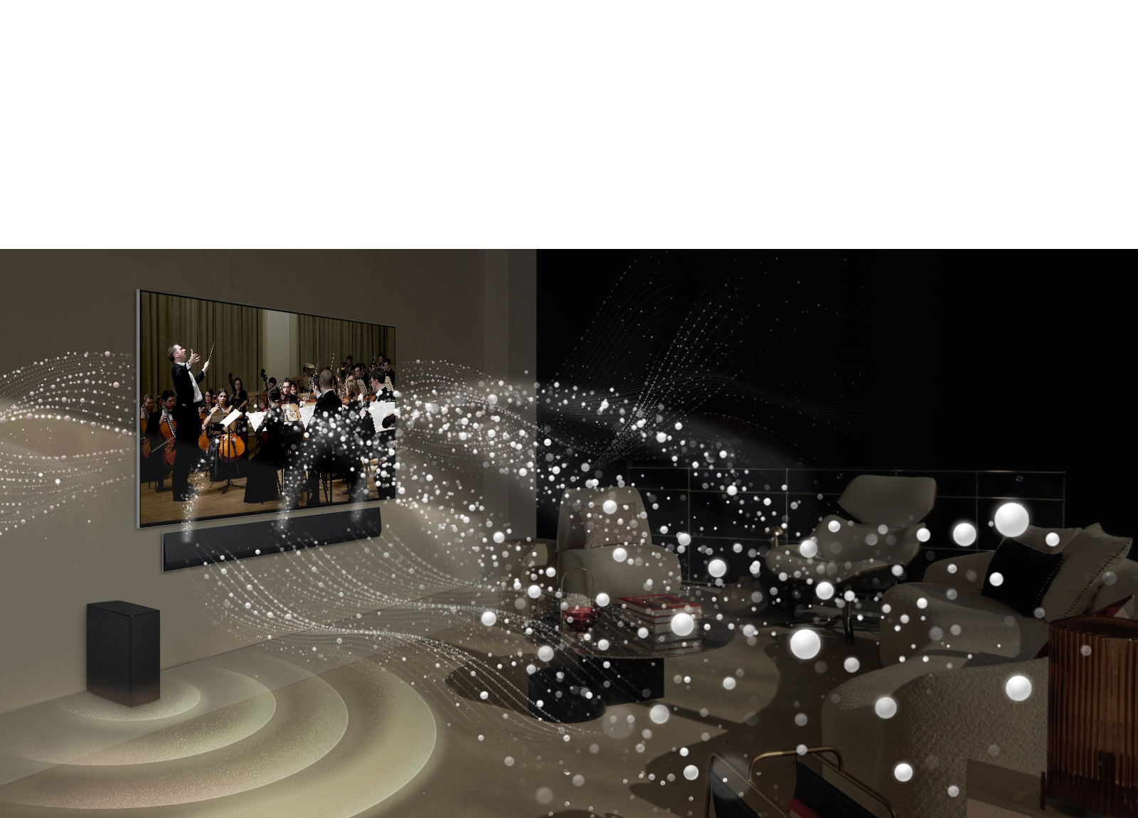 Телевизор LG OLED TV и саундбар установлены на стене в гостиной, а яркие графические формы окружают всю комнату.