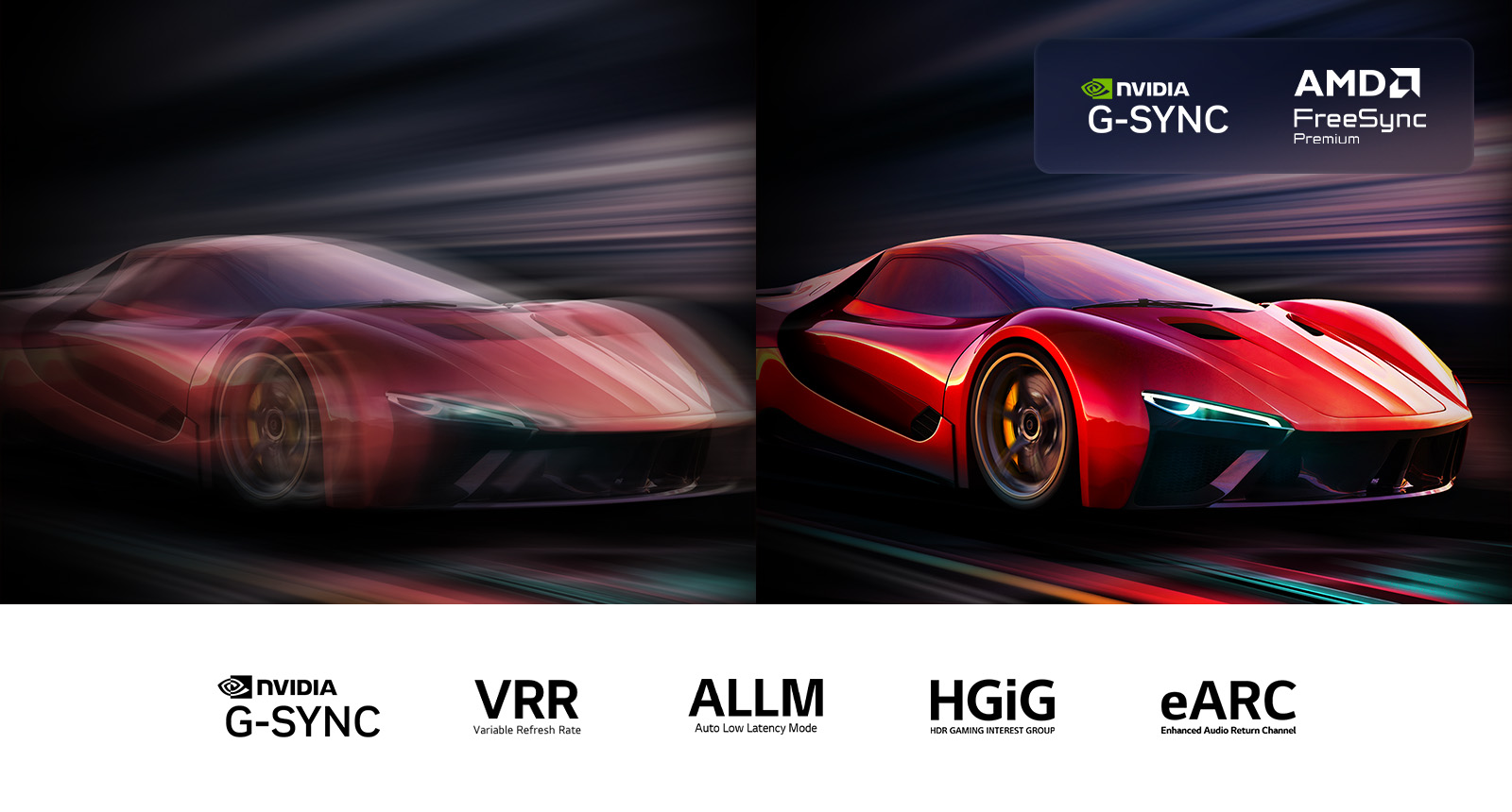 Два изображения автомобиля из видеоигры, расположенные рядом друг с другом. На одном движение размыто. На другом четкое и резкое изображение демонстрирует высокую частоту кадров телевизора LG OLED TV. Представлены логотип Nvidia G-Sync и другие сертификаты.