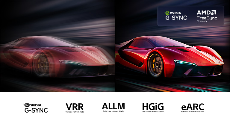 Два изображения автомобиля из видеоигры, расположенные рядом друг с другом. На одном движение размыто. На другом четкое и резкое изображение демонстрирует высокую частоту кадров телевизора LG OLED TV. Представлены логотип Nvidia G-Sync и другие сертификаты.