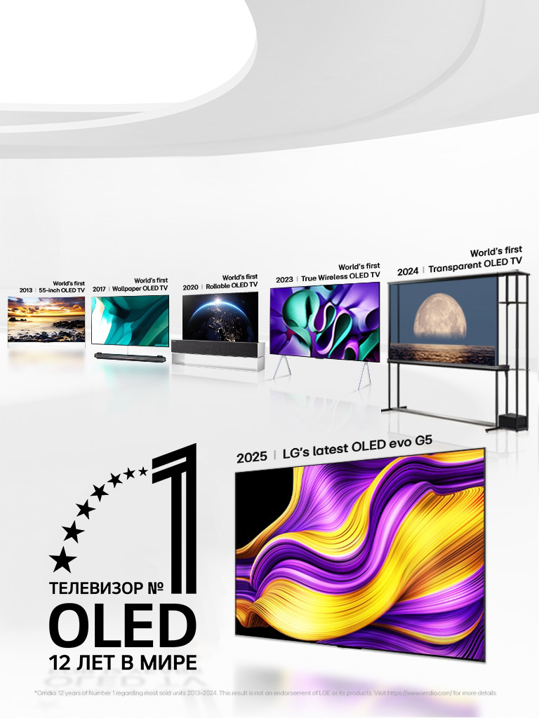Большое белое пространство, заполненное телевизорами OLED TV, где показано, как LG внедряет революционные инновации уже более десятилетия. На изображении эмблема «Телевизор OLED TV № 1 в мире уже 12 лет».