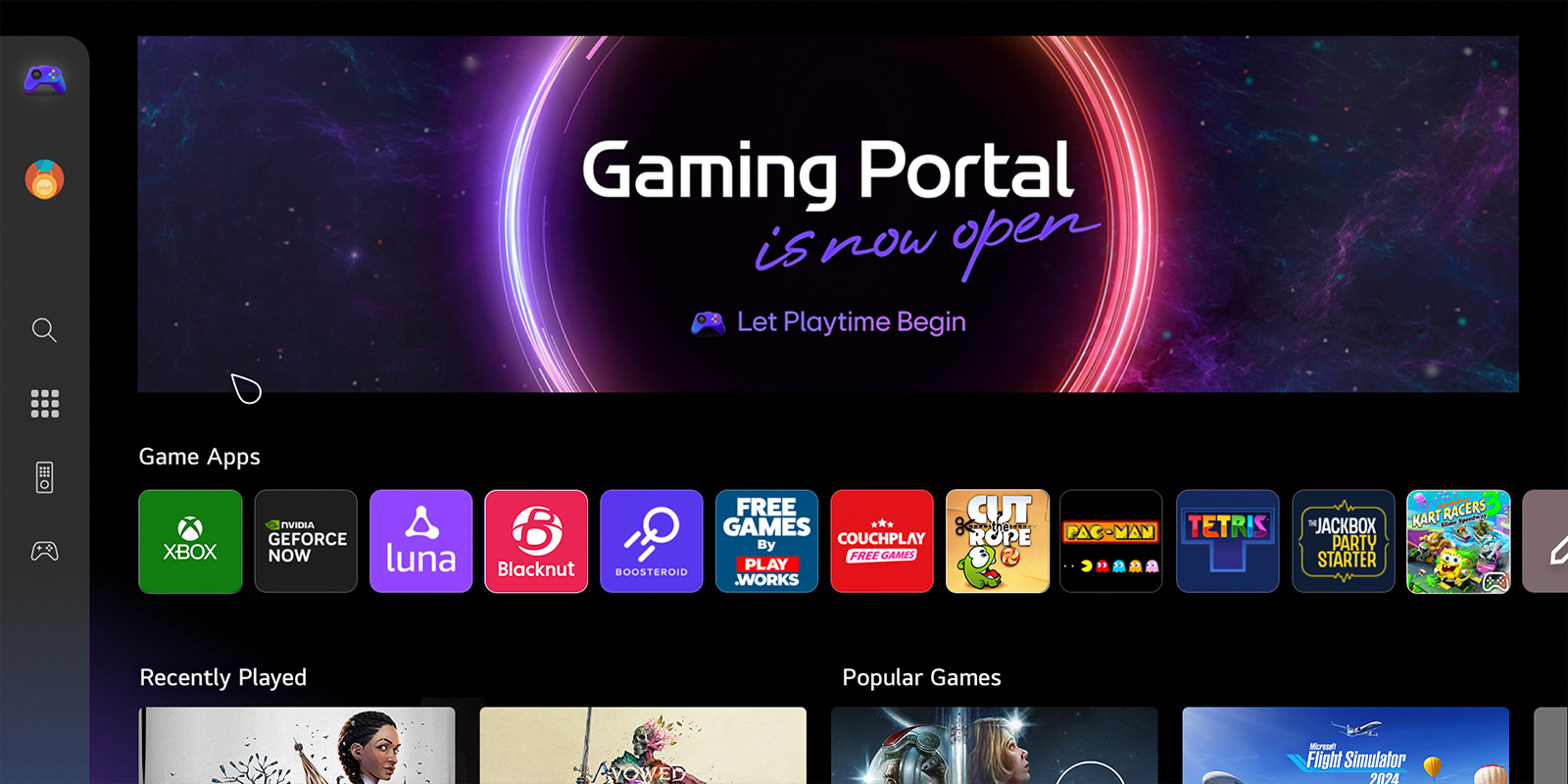 Домашний экран Gaming Portal. Курсор движется и нажимает на элементы, чтобы показать названия многих популярных игр и дополнительную функцию выбора игр в зависимости от вашего игрового контроллера, будь то геймпад, или пульт дистанционного управления. 