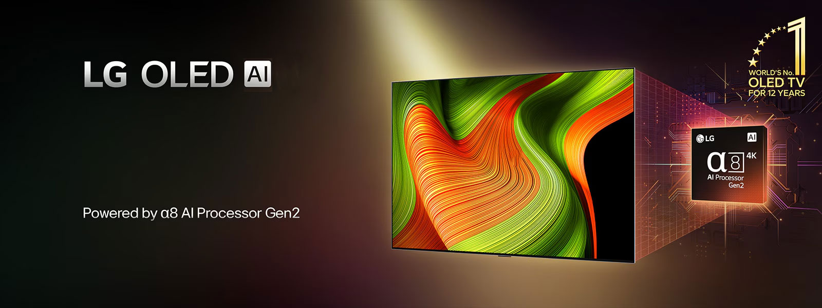 На экране телевизора LG OLED AI TV представлено абстрактное изображение с впечатляющими деталями, цветами и контрастностью. За телевизором можно видеть увеличенную версию ИИ-процессора alpha 8 Gen2. Подсветка выделяет микросхемы вокруг него. Заголовок: LG OLED AI. Также различим текст: «На базе ИИ-процессора LG alpha 8 Gen2». Золотистый логотип со звездами, на котором написано «Топ-телевизор OLED TV уже 12 лет» расположен в углу.