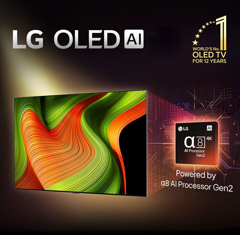 На экране телевизора LG OLED AI TV представлено абстрактное изображение с впечатляющими деталями, цветами и контрастностью. За телевизором можно видеть увеличенную версию ИИ-процессора alpha 8 Gen2. Подсветка выделяет микросхемы вокруг него. Заголовок: LG OLED AI. Также различим текст: «На базе ИИ-процессора LG alpha 8 Gen2». Золотистый логотип со звездами, на котором написано «Топ-телевизор OLED TV уже 12 лет» расположен в углу.