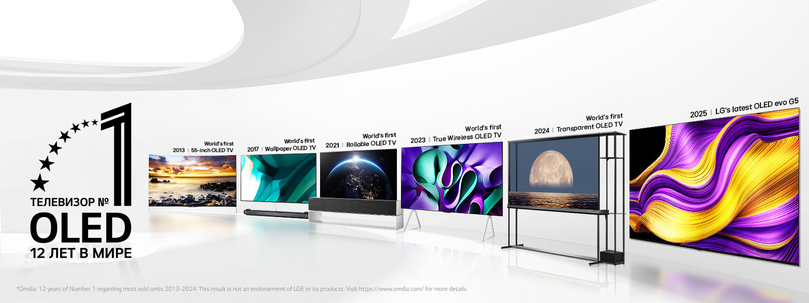 Большое белое пространство, заполненное телевизорами OLED TV, где показано, как LG внедряет революционные инновации уже более десятилетия. На изображении эмблема «Телевизор OLED TV №&nbsp;1 в мире уже 12&nbsp;лет».