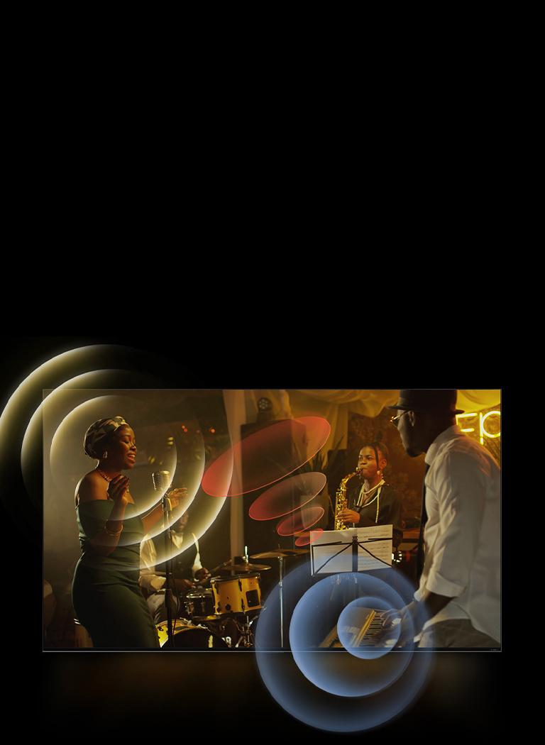 На экране телевизора LG TV демонстрируется выступление музыкантов с яркой круговой графикой вокруг пространства.