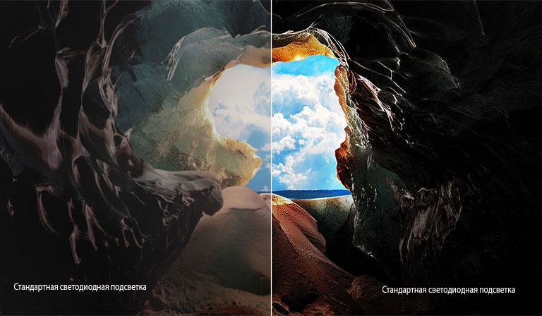 Перспектива изнутри пещеры с видом на ее вход, где видны голубое небо и горизонт. Вся сцена разделена пополам, чтобы продемонстрировать возможности улучшенного локального затемнения QNED. С одной стороны, цвета и детали выглядят вымытыми, а изображения кажутся размытыми. На ярлыке написано: Обычная светодиодная подсветка. С другой стороны — глубокие черные цвета, лучший контраст, яркость и цвет. На ярлыке написано: Продвинутое локальное затемнение. 