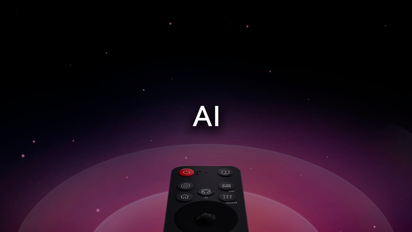 Пульт LG AI Magic Remote на абстрактном фоне с выделенной кнопкой AI. Рядом представлена графическая пользовательская интерфейсная схема с иконками, показывающими, что кнопка AI предоставляет доступ к различным функциям искусственного интеллекта. Среди сервисов – AI Voice ID, AI Search, AI Chatbot, AI Concierge, AI Picture Wizard и AI Sound Wizard. Затем демонстрируется функциональность, похожая на работу мыши – курсор на интерфейсе показывает, как пульт предлагает упрощенное управление.