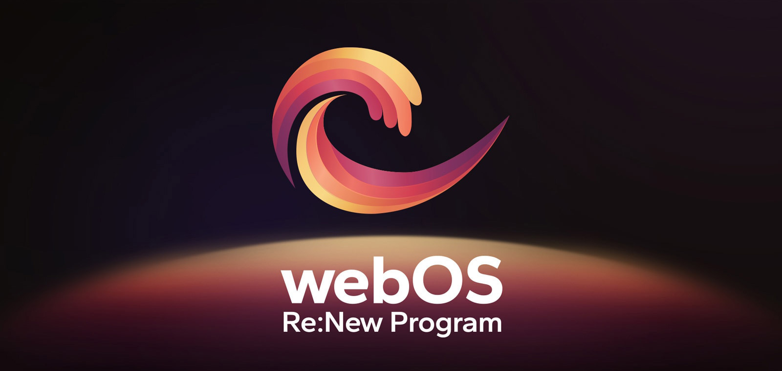 Логотип программы webOS Re:New Program на черном фоне с желто-оранжево-фиолетовой круглой сферой внизу. 
