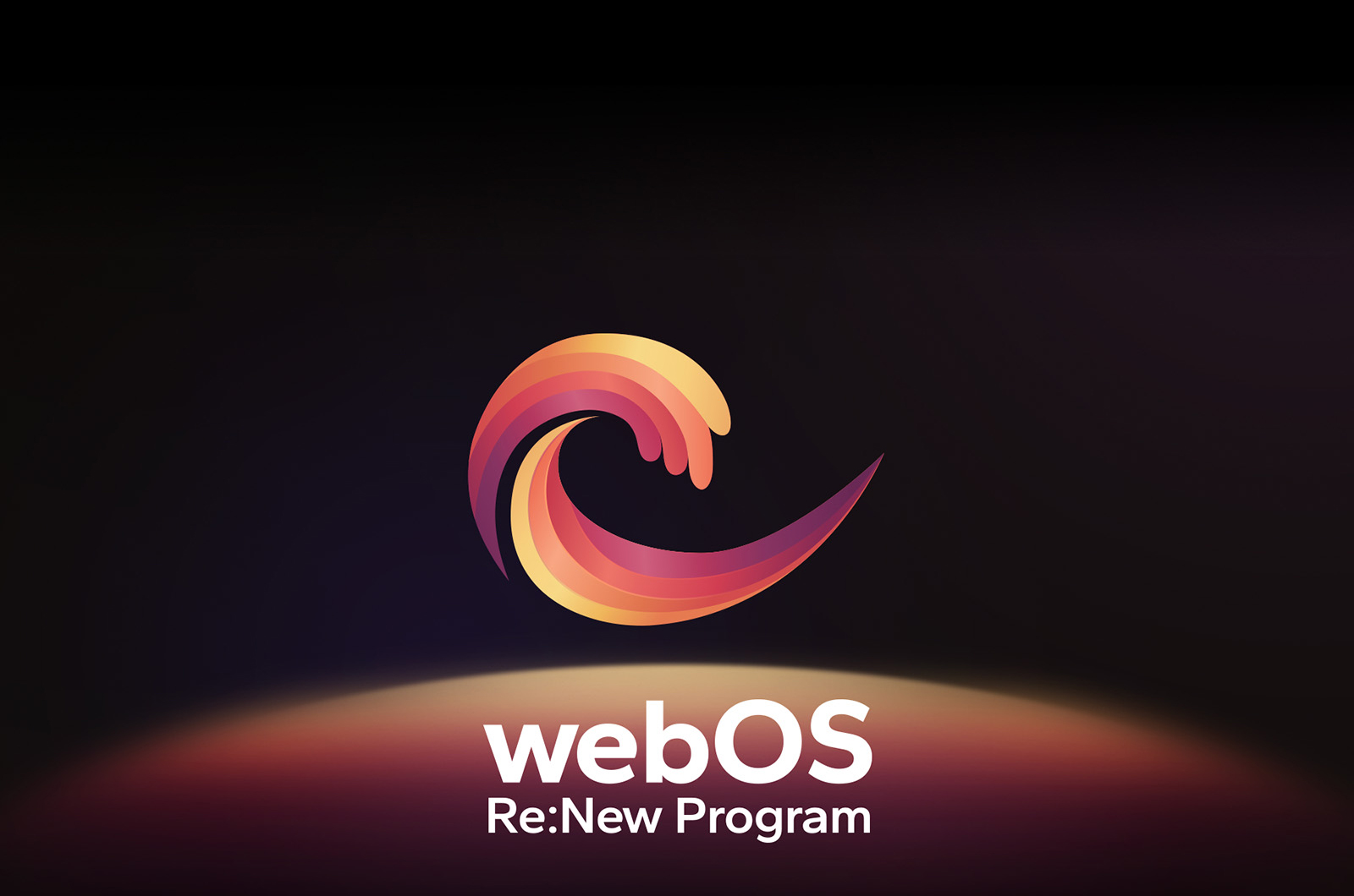 Логотип программы webOS Re:New Program на черном фоне с желто-оранжево-фиолетовой круглой сферой внизу. 