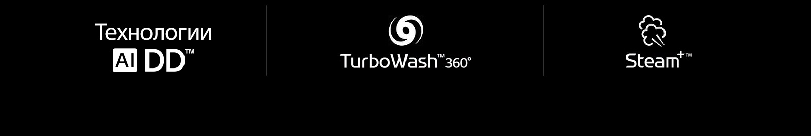 Четыре значка LG в ряд: Значок AI DD. Значок TurboWash 360. Значок Steam.