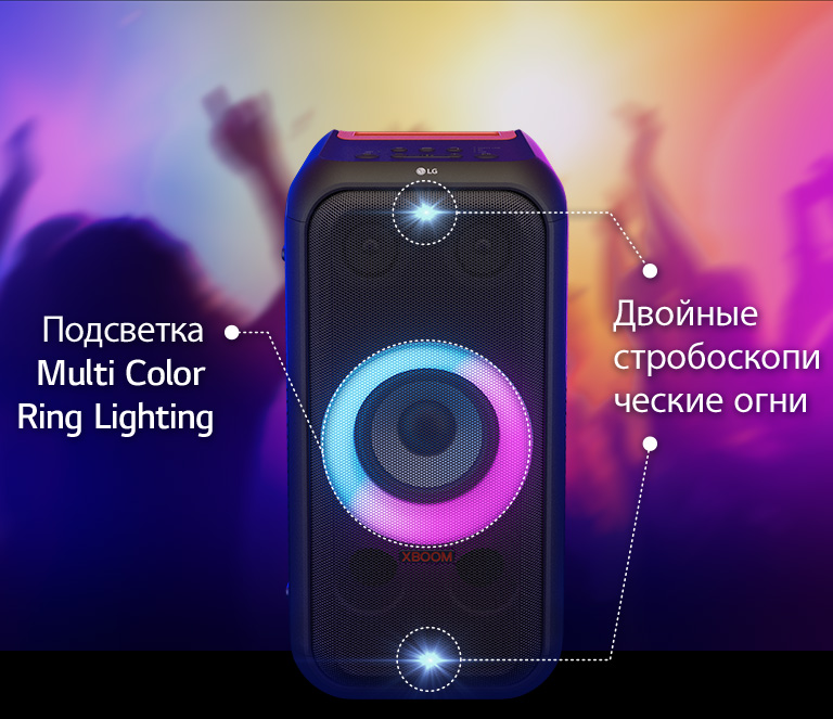 Вид спереди на колонку. Для каждой части подсветки есть своя линия. Сверху и снизу — двойная стробоскопическая подсветка. В центре — розовая и голубая градиентная многоцветная кольцевая подсветка.