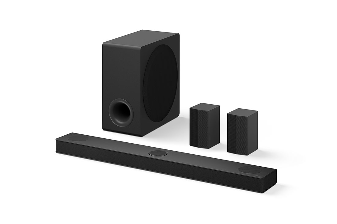 LG Звуковая панель S80TR LG для домашнего кинотеатра с поддержкой технологии Dolby Atmos, 5.1.3-канальным звуком и задними динамиками, Вид под углом на звуковую панель LG Soundbar S80TR, сабвуфер и задние динамики., S80TR, thumbnail 2