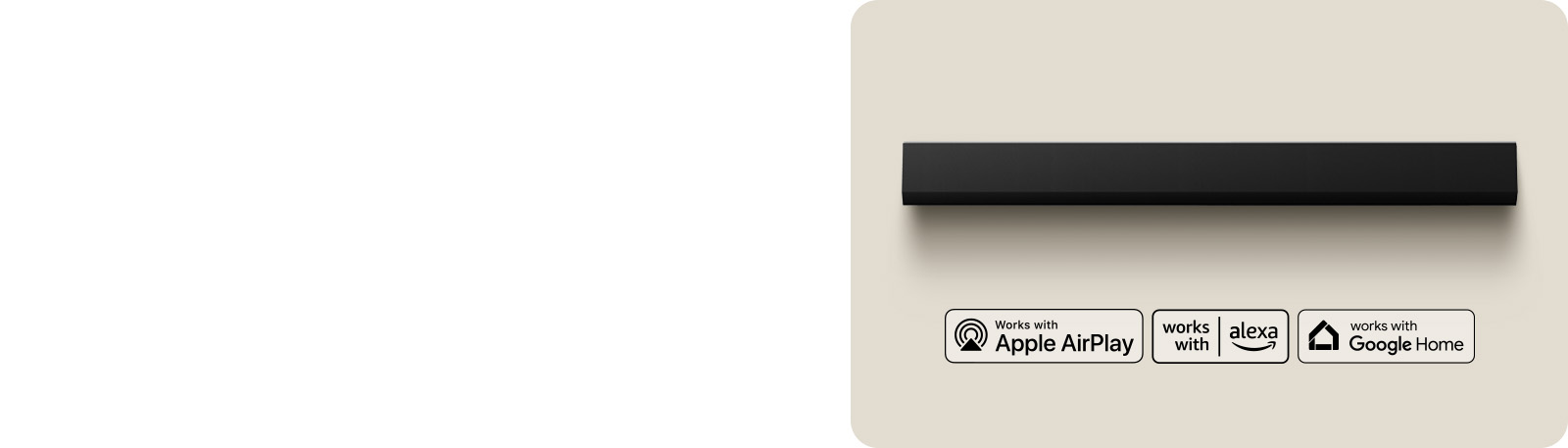 Вид сверху на звуковую панель LG Soundbar. Логотип Apple AirPlay Логотип Amazon Alexa Логотип Google Home
