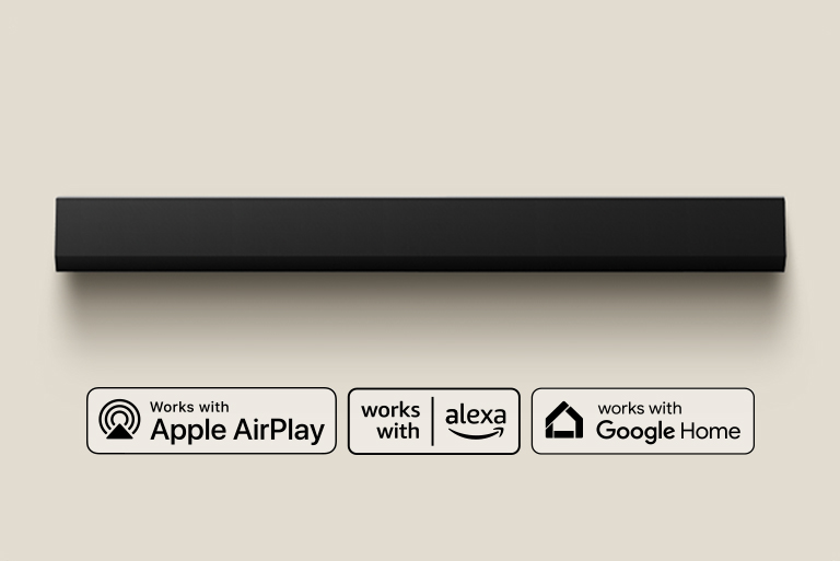 Вид сверху на звуковую панель LG Soundbar. Логотип Apple AirPlay Логотип Amazon Alexa Логотип Google Home