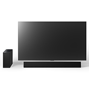 LG Звуковая панель LG Soundbar для телевизора с 3.1-канальным звуком SG10TY Dolby Atmos, Вид спереди на 77-дюймовый телевизор LG OLED G4, звуковую панель LG Soundbar SG10TY и сабвуфер, SG10TY, thumbnail 11