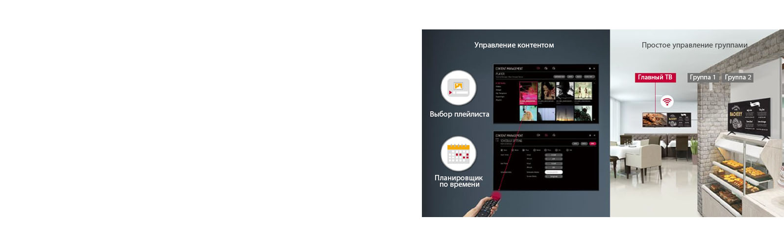 Вы можете легко выбрать плейлист и запланировать время с помощью пульта дистанционного управления и встроенной функции управления контентом. Управление группами осуществляется на Главном дисплее и дисплеях группы 1 и 2. 