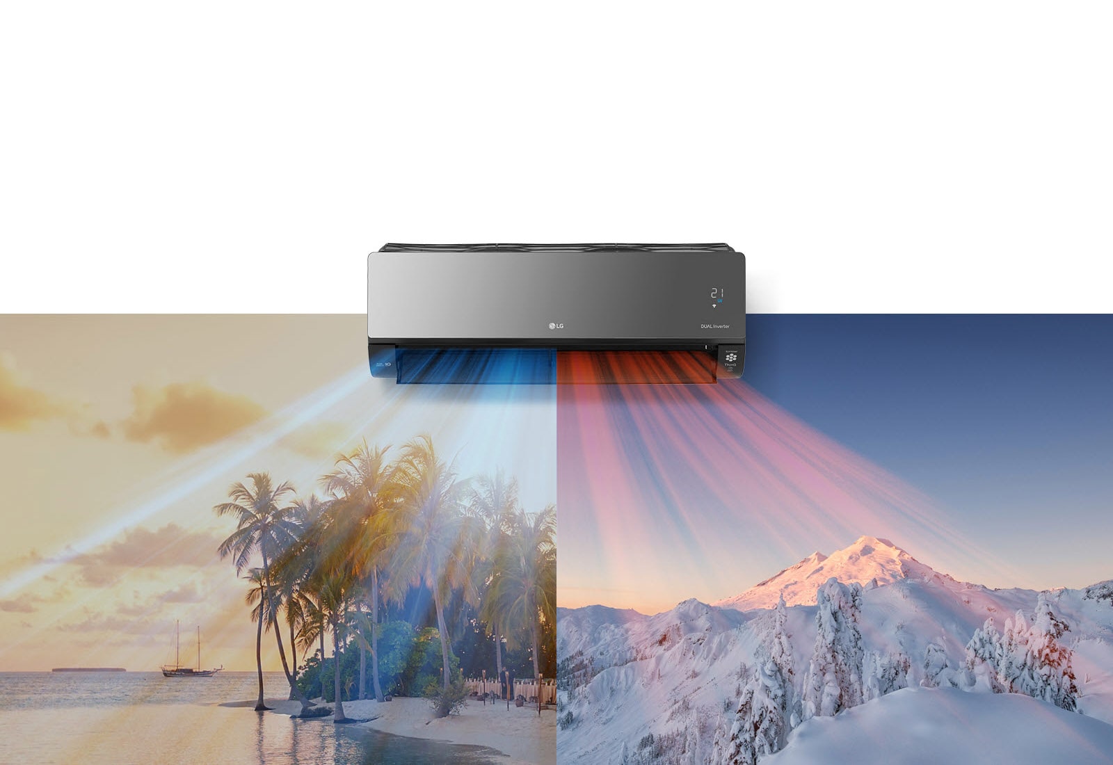 Четыре изображения, представляющие четыре сезона года, объединены в коллаж, как будто картина на стене с установленным прямо над каждым сезонным изображением кондиционером LG, выдувающим прохладный воздух.