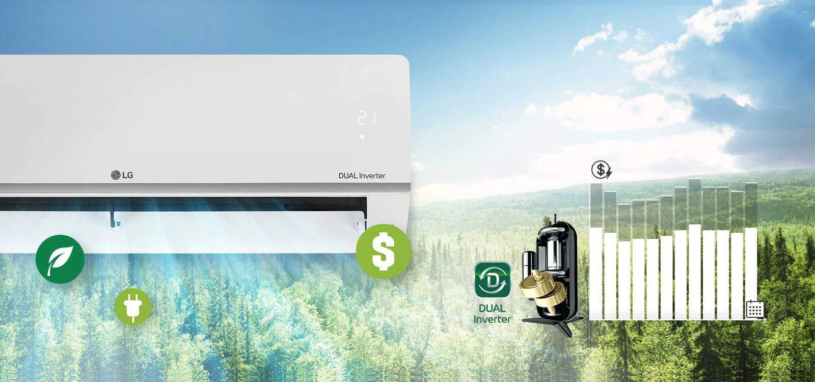 На заднем плане лесной пейзаж, сбоку видна половина кондиционера LG. Логотип LG и логотип Dual Inverter можно увидеть на машине, а панель качества воздуха горит зеленым цветом. Перед кондиционером на выдув воздуха три значка обозначающие чистый воздух, деньги и энергию. Справа от устройства находится логотип Dual Inverter и изображение Dual Dual Inverter. Далее справа находится гистограмма. Полосы увеличиваются, указывая на увеличение потраченных денег, а затем опускаются, показывая, что двойной инвертор экономит деньги клиентов.