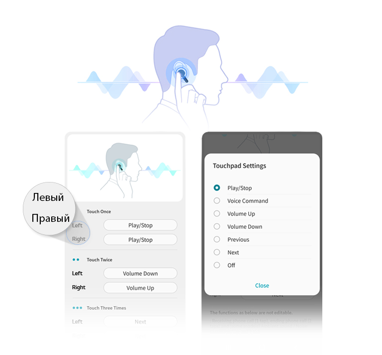 Изображение сбоку мужчины, касающегося наушника в ухе. Снимки экранов приложения, демонстрирующие, что люди могут регулировать параметры тачпада левого и правого наушника.