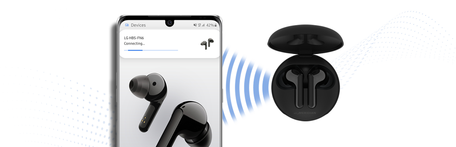 Зарядный чехол рядом со смартфоном и символическое изображение соединения между ними.