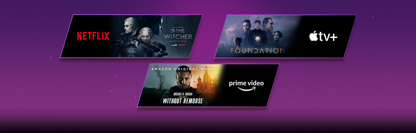 Есть 3 блока изображений – на каждом имеется логотип стриминговой платформы и указана продолжительность записи. Логотип Netflix с изображением из «Ведьмака», логотип Apple TV Plus с изображением из «Основания» и логотип Prime Video с изображением из «Без жалости».
