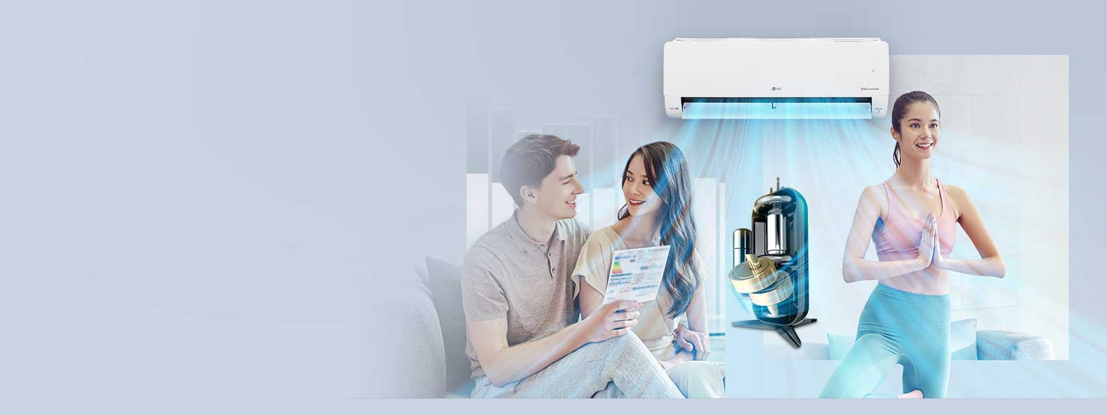 В верхней части изображения показан кондиционер воздуха LG с исходящими от него синими линиями, символизирующими холодный воздух. Перед кондиционером воздуха показан двойной инверторный компрессор LG. В потоке холодного воздуха изображена улыбающаяся женщина, занимающаяся йогой. На переднем плане показаны улыбающиеся друг другу мужчина и женщина, рассматривающие график экономичного расхода энергии LG.