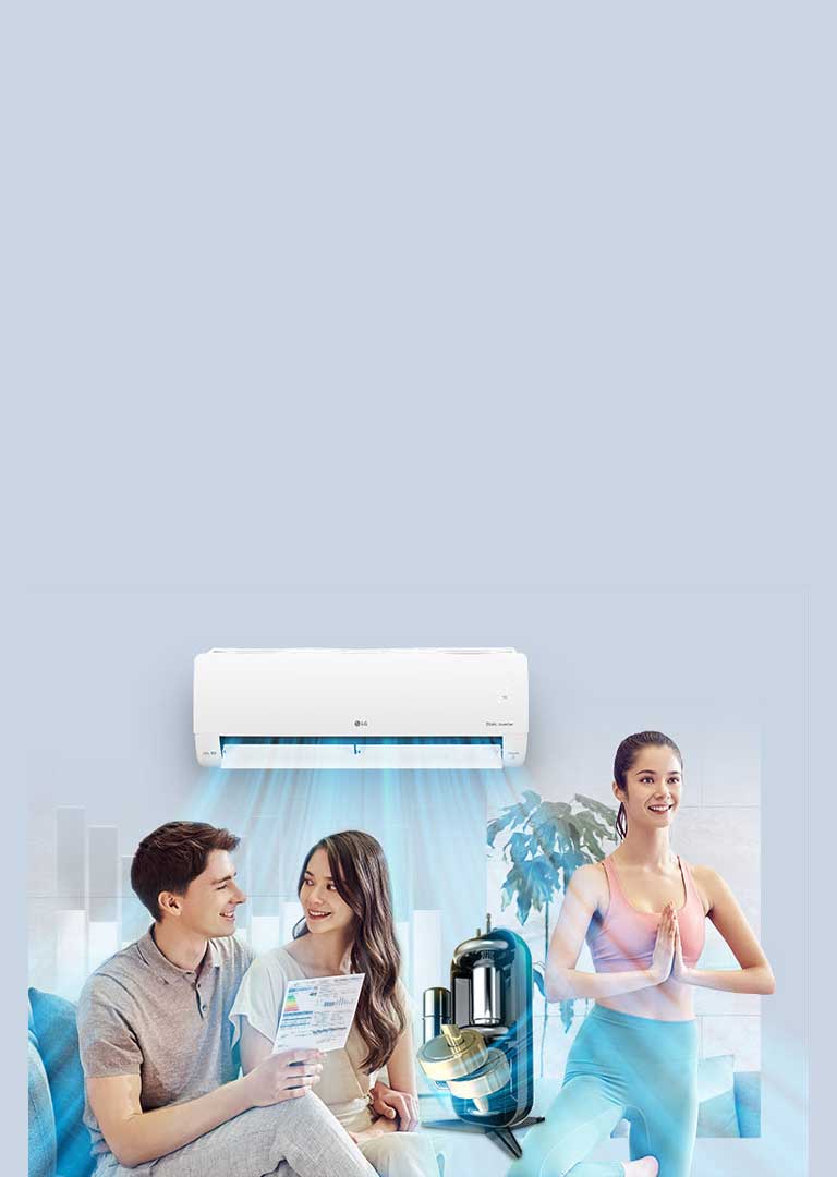 В верхней части изображения показан кондиционер воздуха LG с исходящими от него синими линиями, символизирующими холодный воздух. Перед кондиционером воздуха показан двойной инверторный компрессор LG. В потоке холодного воздуха изображена улыбающаяся женщина, занимающаяся йогой. На переднем плане показаны улыбающиеся друг другу мужчина и женщина, рассматривающие график экономичного расхода энергии LG.