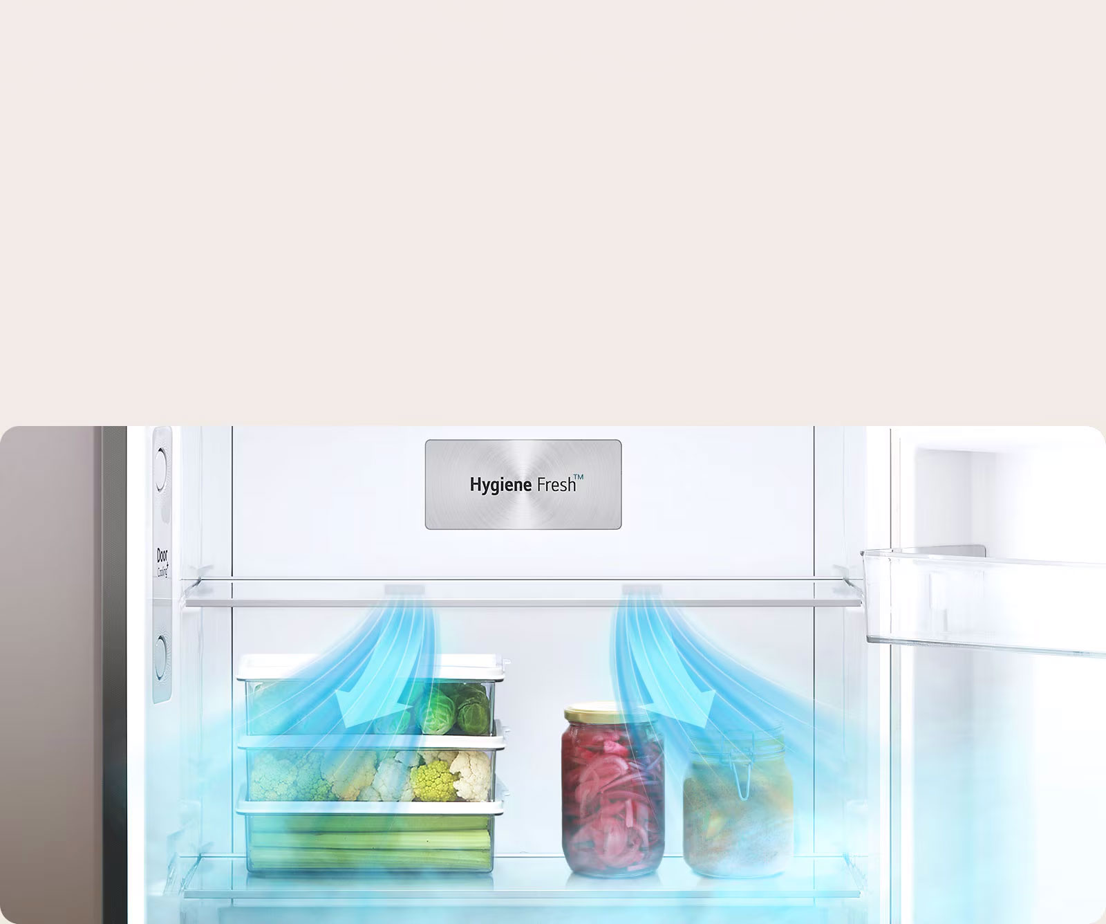 Вид крупным планом на холодильник lg с верхней морозильной камерой, в котором находится отделение с надписью hygiene fresh и два прозрачных контейнера для хранения зеленых овощей и красных фруктов или овощей. Это подчеркивает особенность холодильника сохранять свежесть содержимого.	