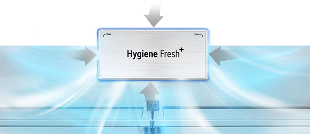 Гигиенический фильтр Hygiene Fresh+ и серые стрелки, означающие посторонние запахи, поглощаются фильтром