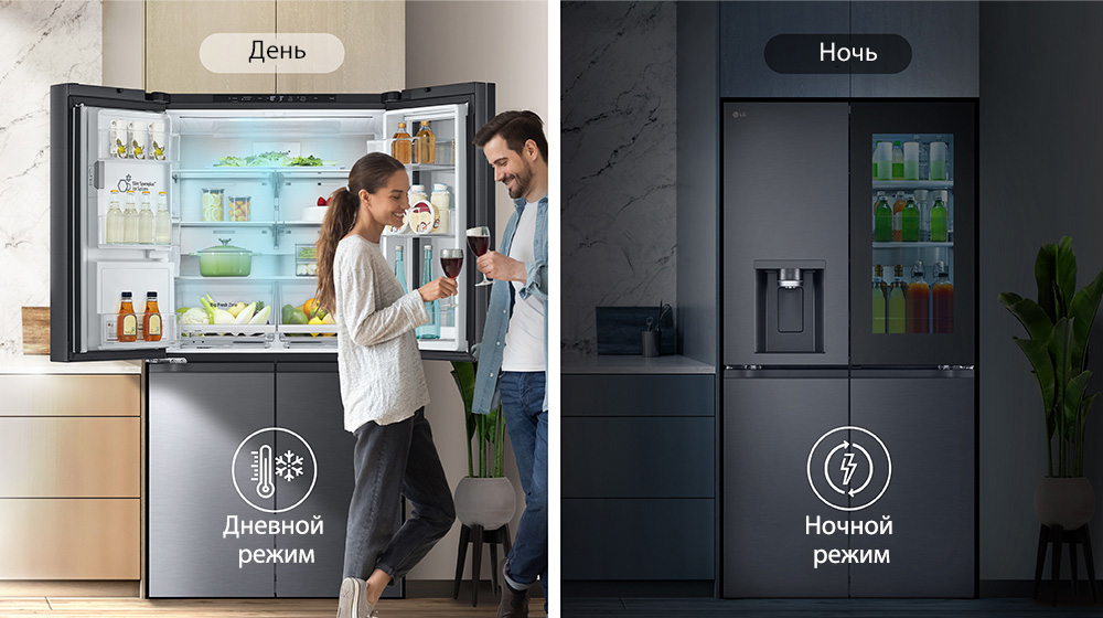 На картинке слева изображена пара с бокалами перед открытым холодильником днем.