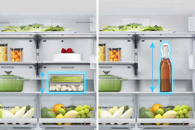 Слева в холодильнике полка в разложенном виде и низкий контейнер с продуктами