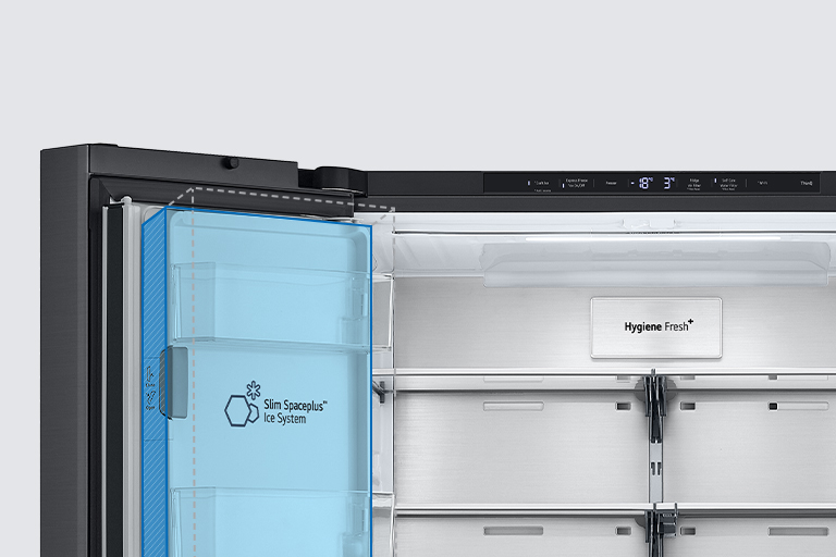 Внутри холодильника голубым цветом выделен тонкий внутренний льдогенератор