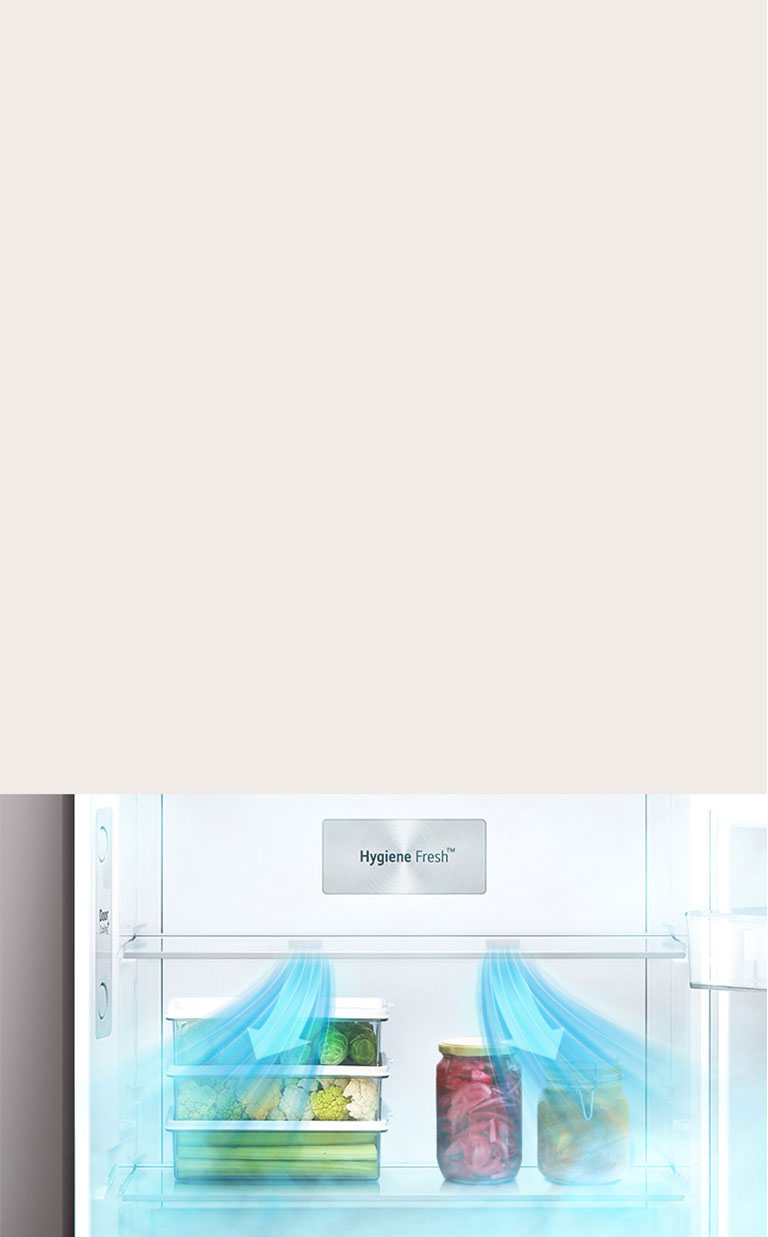 Вид крупным планом на холодильник lg с верхней морозильной камерой, в котором находится отделение с надписью hygiene fresh и два прозрачных контейнера для хранения зеленых овощей и красных фруктов или овощей. Это подчеркивает особенность холодильника сохранять свежесть содержимого.	
