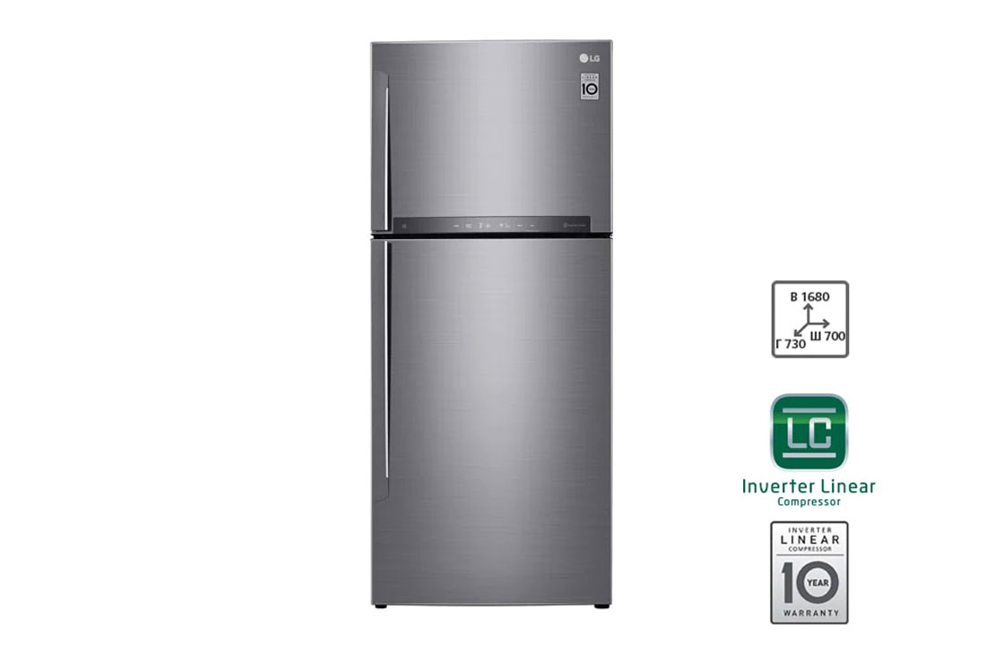 LG Объем 410 л | Холодильник LG с верхней морозильной камерой | Серый | HygieneFresh+™ | Linear Inverter Compressor, front view, GN-H432HMHZ