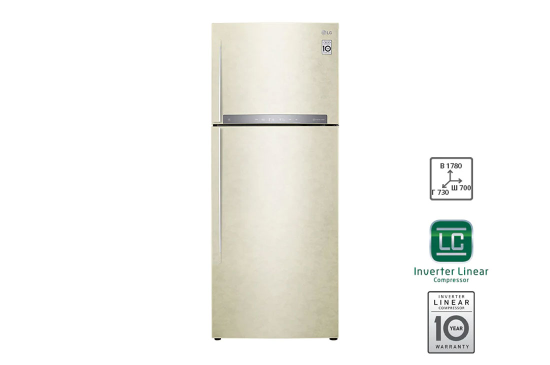 LG Объем 438 л | Холодильник LG с верхней морозильной камерой | Бежевый | HygieneFresh+™ | Linear Inverter Compressor, front view, GC-H502HEHZ