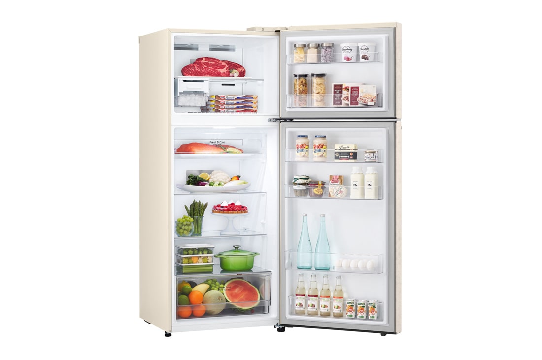 LG Объем 395 л | Холодильник LG с верхней морозильной камерой | Бежевый | DoorCooling+™ | HygieneFresh+™ | Smart Inverter Compressor, вид сверху в перспективе с открытой дверцей и хранящимися внутри продуктами, GN-B392SEBB, thumbnail 10