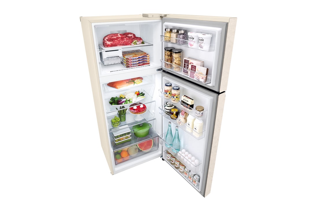 LG Объем 395 л | Холодильник LG с верхней морозильной камерой | Бежевый | DoorCooling+™ | HygieneFresh+™ | Smart Inverter Compressor, вид сверху в перспективе с открытой дверцей и хранящимися внутри продуктами, GN-B392SEBB, thumbnail 11