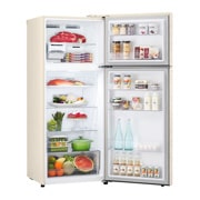 LG Объем 395 л | Холодильник LG с верхней морозильной камерой | Бежевый | DoorCooling+™ | HygieneFresh+™ | Smart Inverter Compressor, вид сверху в перспективе с открытой дверцей и хранящимися внутри продуктами, GN-B392SEBB, thumbnail 10