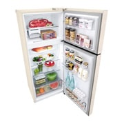 LG Объем 395 л | Холодильник LG с верхней морозильной камерой | Бежевый | DoorCooling+™ | HygieneFresh+™ | Smart Inverter Compressor, вид сверху в перспективе с открытой дверцей и хранящимися внутри продуктами, GN-B392SEBB, thumbnail 11