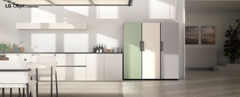 It shows 7 colors/materials of the freezer : Green, Silver and Matte Black of Stainless Steel, Mint, Pink, Beige and Silver of Mist Glass.