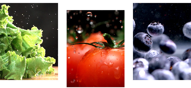 fruits and vegetables such as lettuce, tomatoes, and blueberries are freshly preserved in the product.